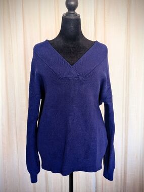Feierai Navy Knit Sweater Lantern Sleeve Cozy Pullover